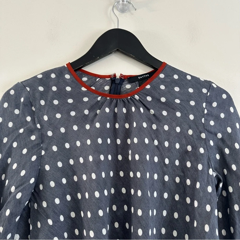 Smythe Bardot Blouse In Polka Dot Print Navy Blue Size XS - Picture 8 of 11